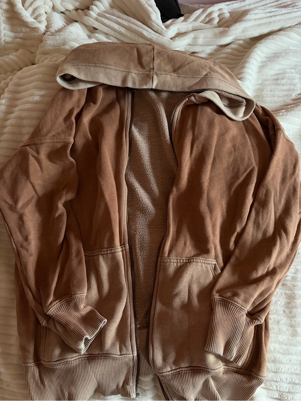 aerie Teddy-Lined Hooded Zip Jacket in Brown